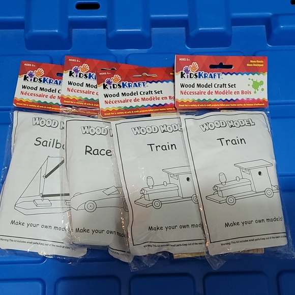 x4 wood model craft set 2 trains 1 car 1 sailboat brand new - Picture 3 of 3